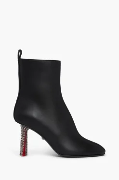 Outlet Black Leather Ankle Boots With Rhinestone Heels Women Accessories