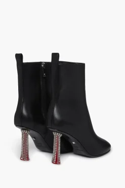 Outlet Black Leather Ankle Boots With Rhinestone Heels Women Accessories