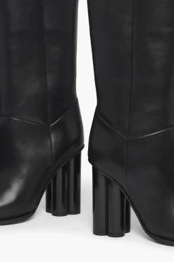 Outlet Black Leather Midi Boots Women Accessories