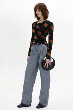 Sale Long-Sleeved Fitted Velvet Jacquard Top Women T-Shirts