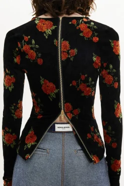 Sale Long-Sleeved Fitted Velvet Jacquard Top Women T-Shirts