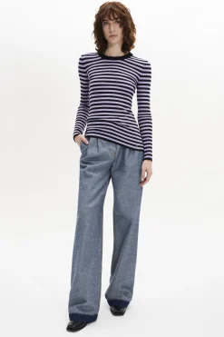 Outlet Striped Long-Sleeved Crew Neck Sweater Women Sweaters