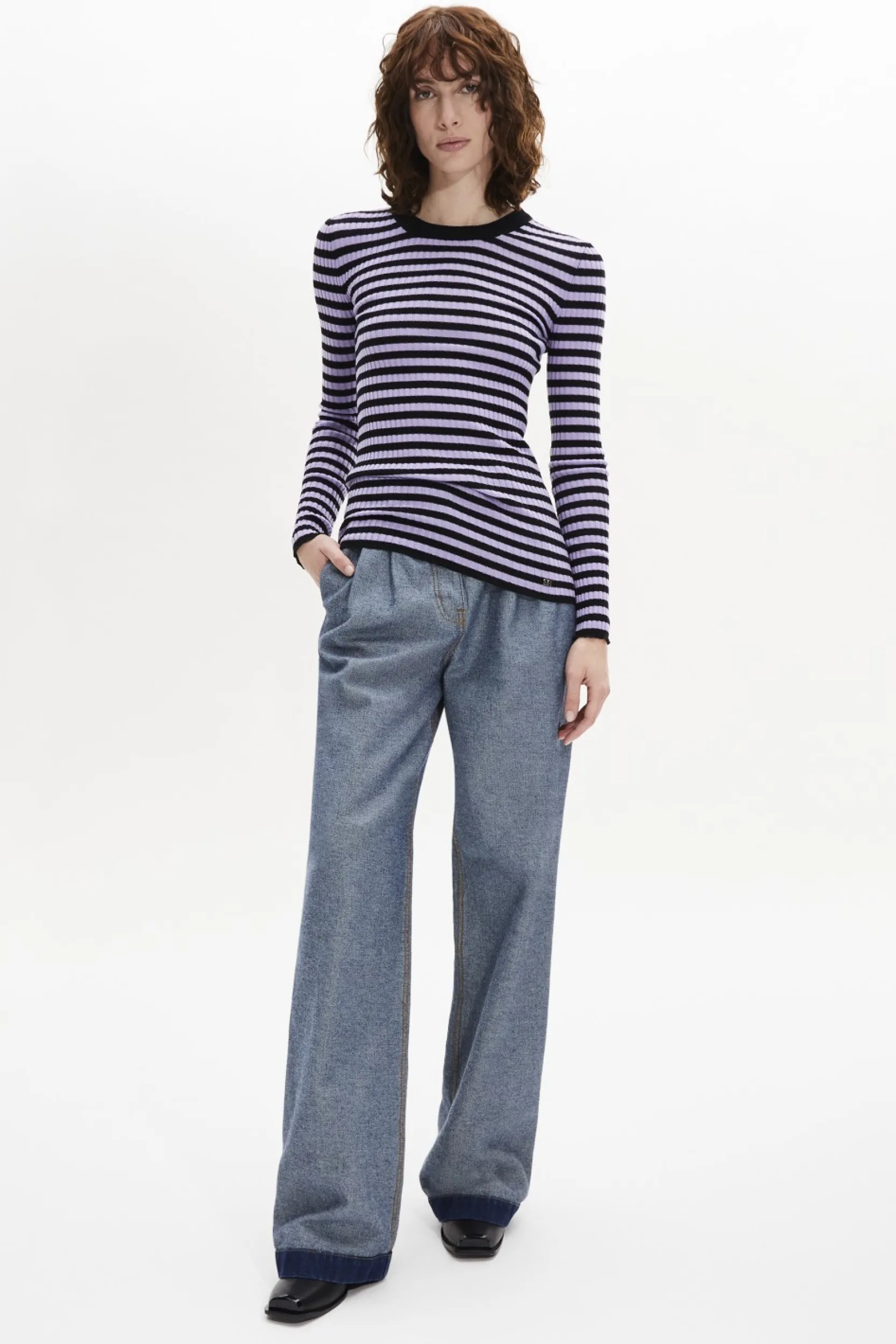 Outlet Striped Long-Sleeved Crew Neck Sweater Women Sweaters
