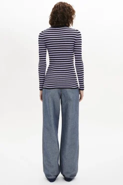 Outlet Striped Long-Sleeved Crew Neck Sweater Women Sweaters