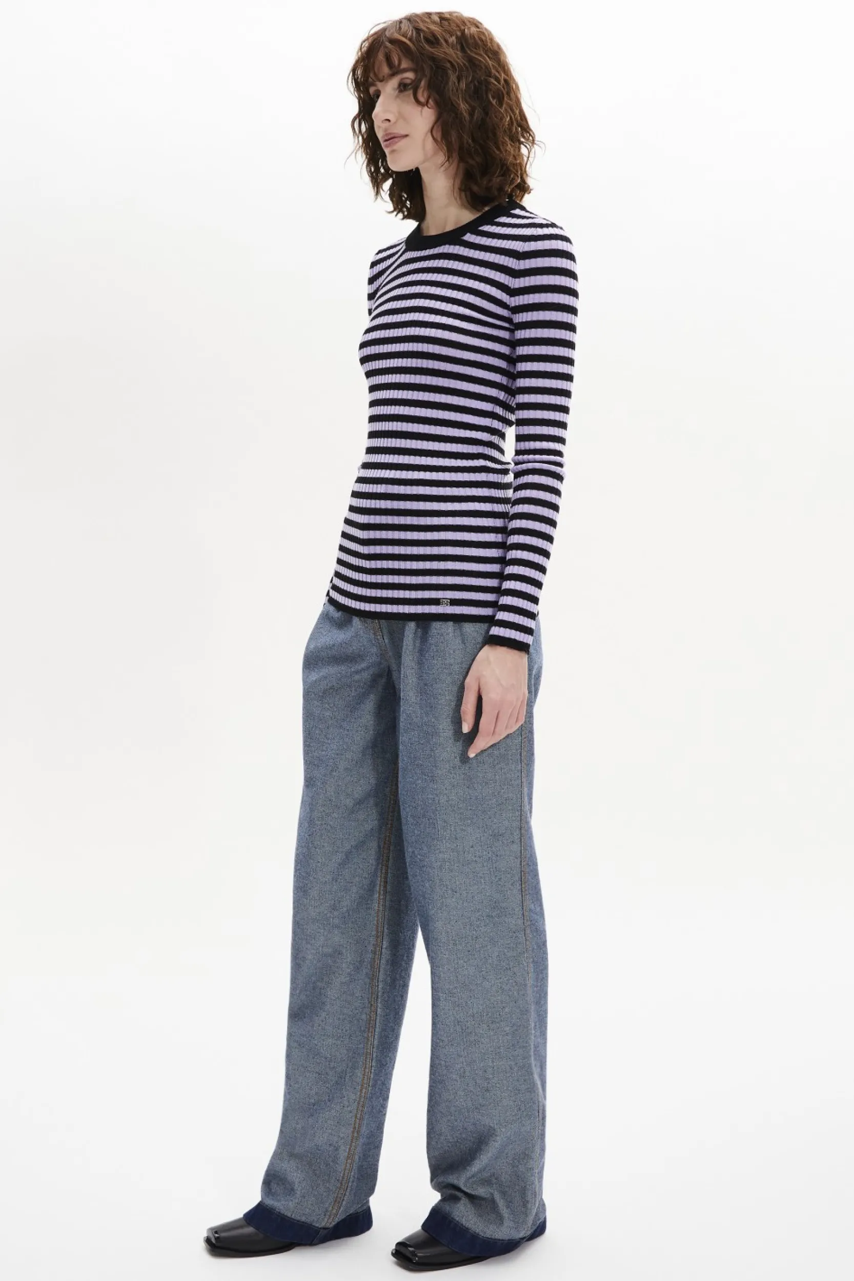 Outlet Striped Long-Sleeved Crew Neck Sweater Women Sweaters