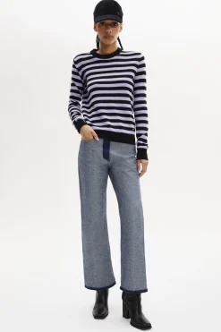 Discount Striped Long-Sleeved Crew Neck Sweater Women Sweaters