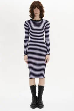Hot Striped Long-Sleeved Crew Neck Dress Women Long Dresses