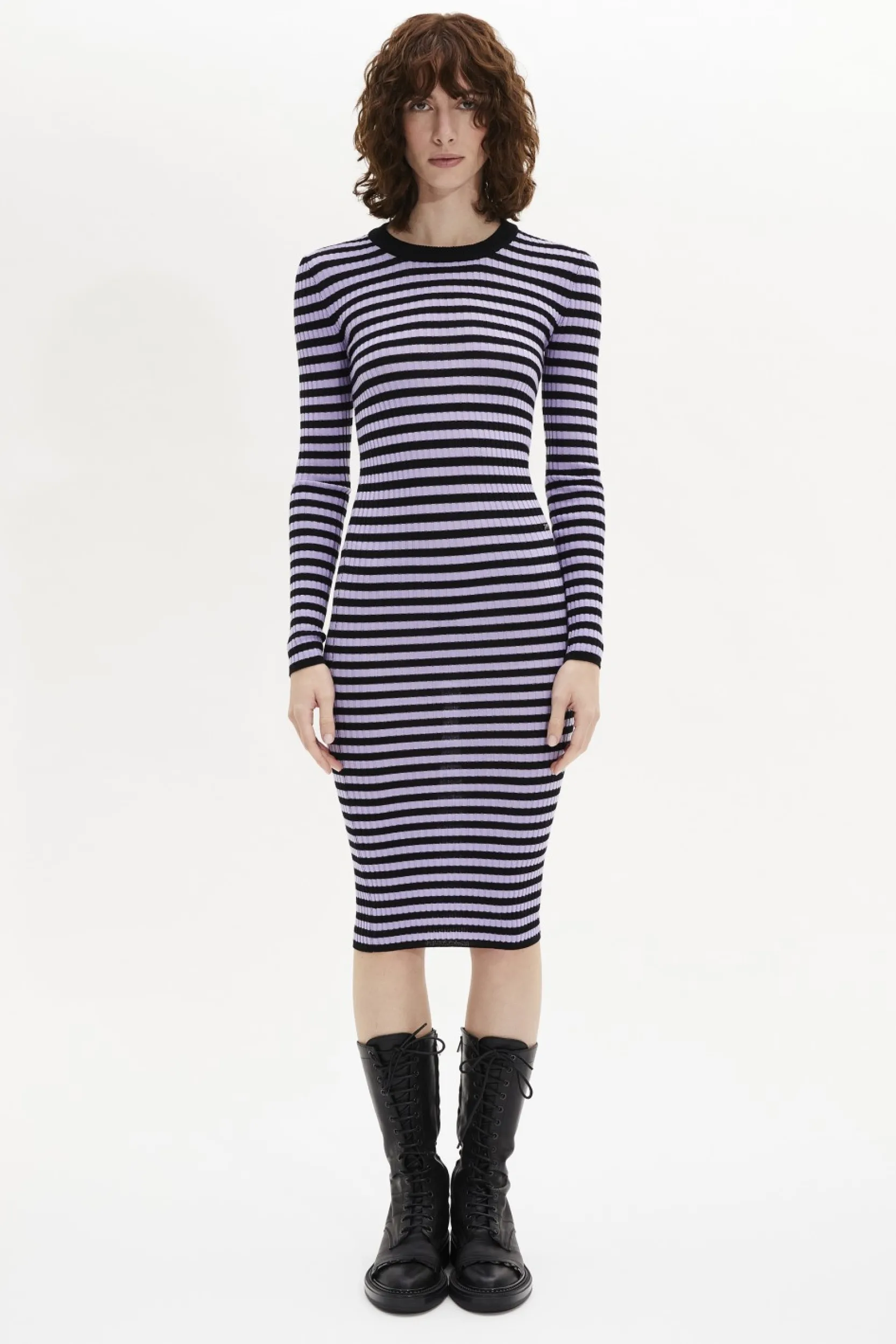 Hot Striped Long-Sleeved Crew Neck Dress Women Long Dresses