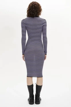 Hot Striped Long-Sleeved Crew Neck Dress Women Long Dresses