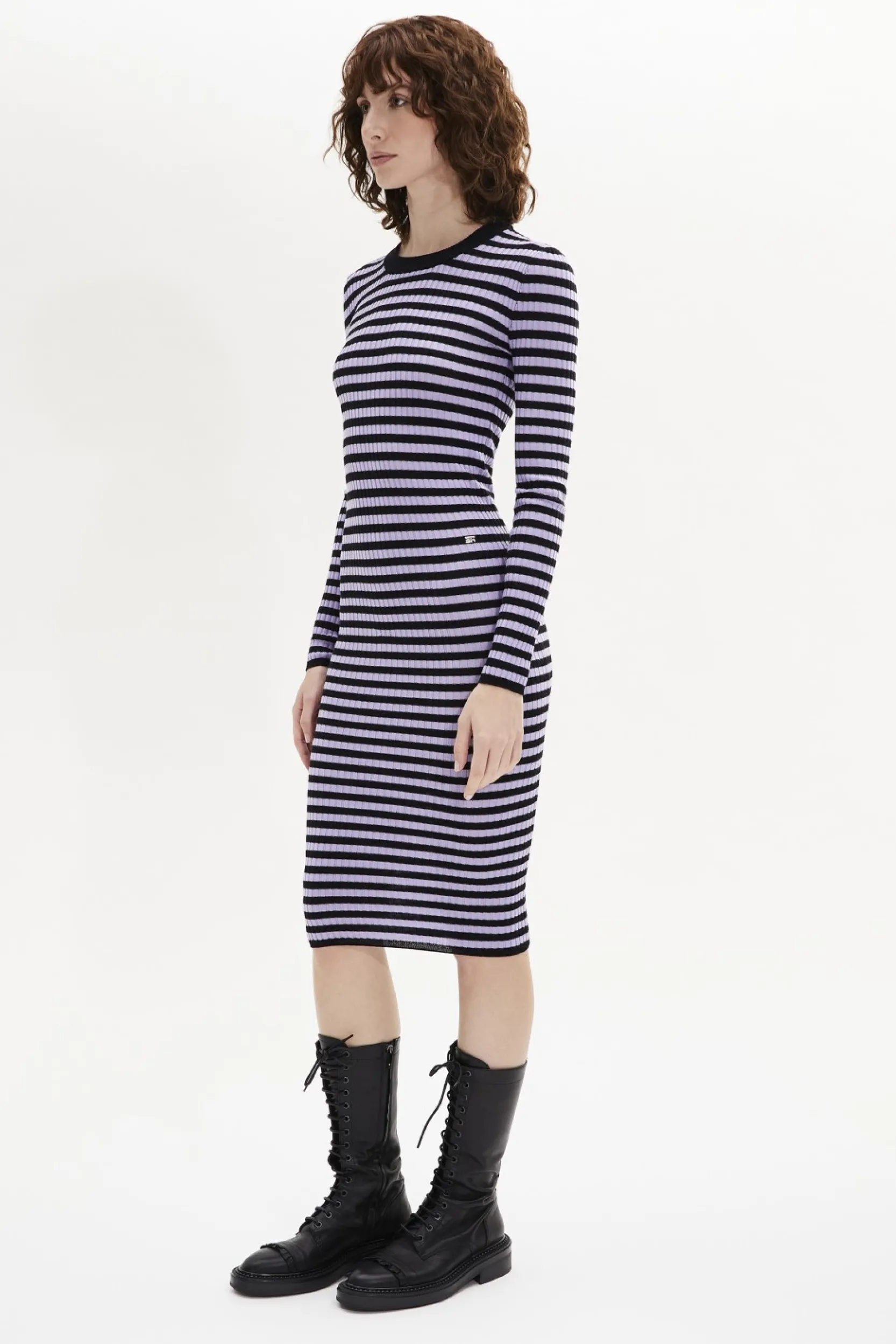 Hot Striped Long-Sleeved Crew Neck Dress Women Long Dresses