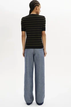 Sale Striped Short-Sleeved Crew Neck Sweater Women Sweaters